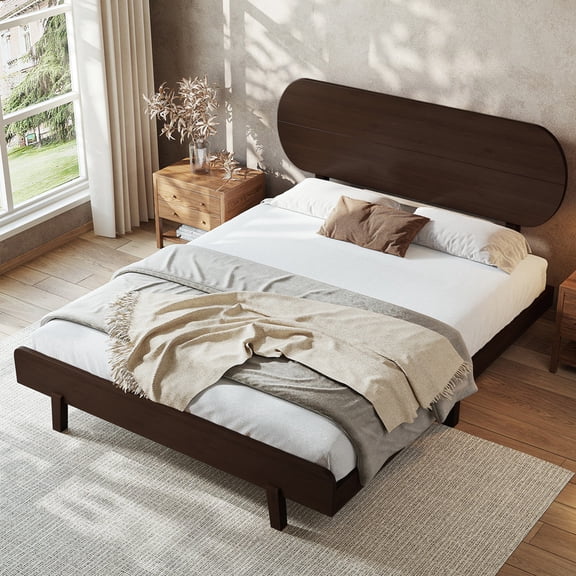 Bellemave Queen Size Bamboo Bed Frame with Round Shape Headboard, Mid-Century Modern Platform Bed Frame with Solid Support Slats, Easy Assembly Floating Bed Noise Free for Bedroom - Espresso