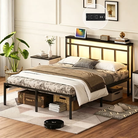 Bellemave Full Bed Frame with LED Lights and Charging Station, Industrial Metal Platform Bed Frame with Headboard, No Box Spring Needed, Black