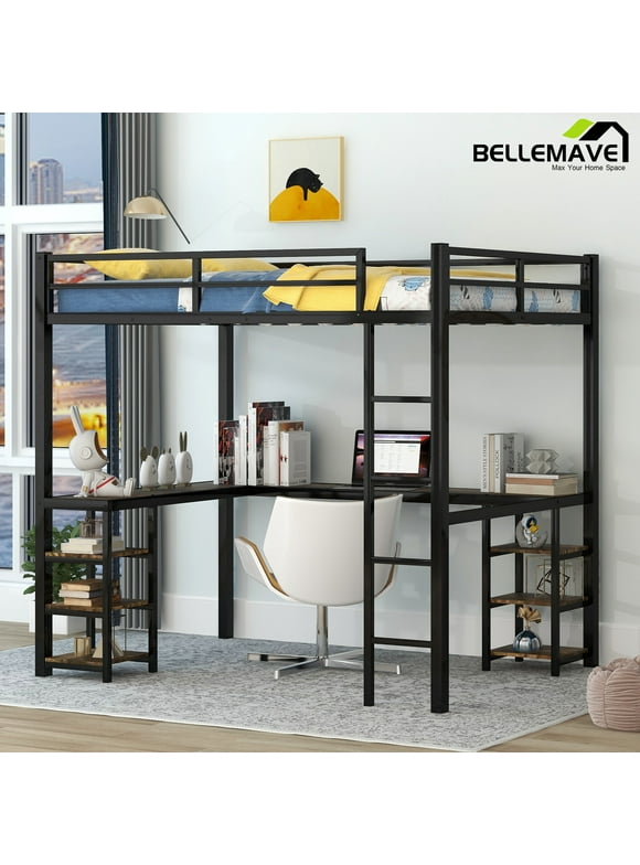 Bellemave Industrial Full size Loft Bed with Desk and 6 Storage Shelves, Metal Full Loft Bed Frame for Kids, Students, Teens Space-Saving Loft Bed with Guardrails, No Box Spring Needed, Black