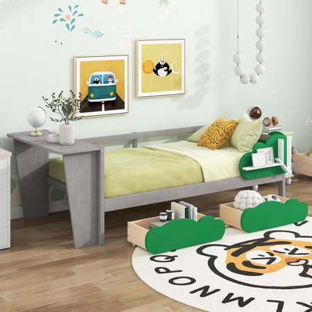 Bellemave Kid's Daybed Twin Size with Desk,Twin Daybed with Green Leaf Shape Storage Drawers and Shelves for Boys Girls, Gray