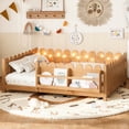 thumbnail image 1 of Bellemave Full Size Floor Bed with Bookshelf and LED Lights, Wood Montessori Bed Frame with Cute Safety Guardrails & Wood Slats Support for Kids Boys Girls, No Box Spring Needed, Natural, 1 of 9