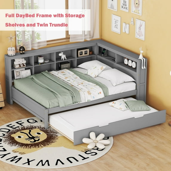Bellemave Full Size Daybed with L-shaped Bookcases and Trundle Full Storage Platform Bed Frame with Built-in Shelves and Charging Station for Teens, No Box Spring Needed, Gray