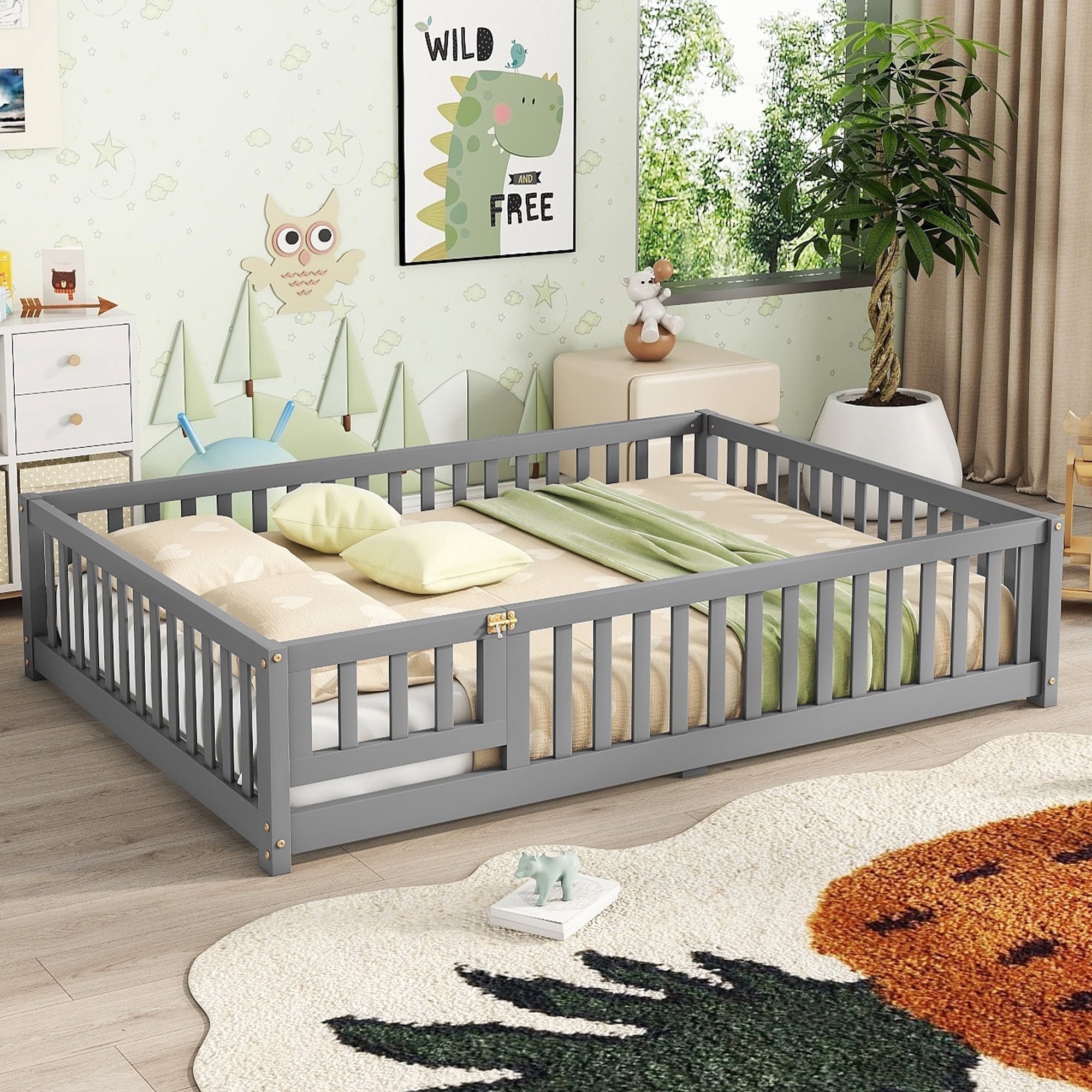 Bellemave Full Size Bed Floor Bed with Safety Guardrails and Door, loor Bed with Bed Slats Sturdy Wood Floor Bed Montessori Bed Frame, Gray