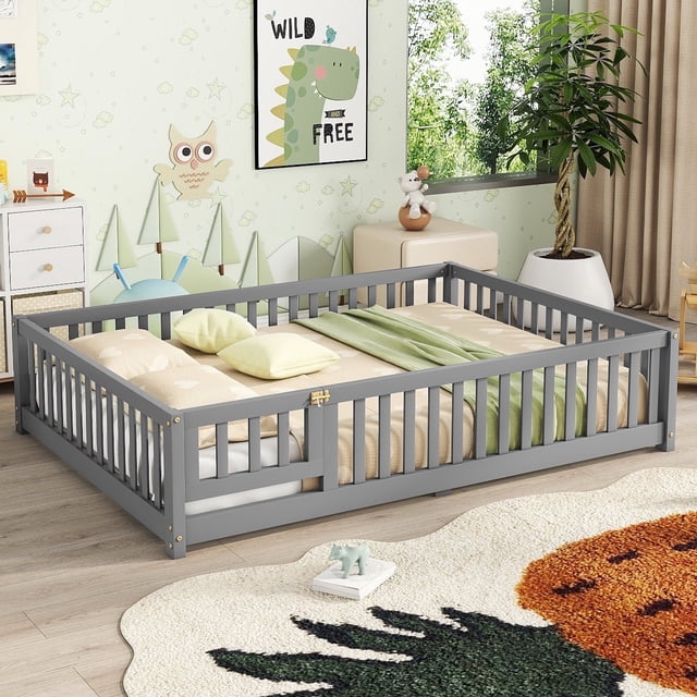 Bellemave Full Size Bed Floor Bed with Safety Guardrails and Door, loor Bed with Bed Slats Sturdy Wood Floor Bed Montessori Bed Frame, Gray