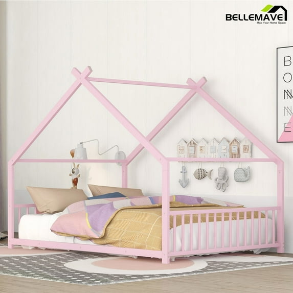 Bellemave Full Size Metal House Bed with Headboard and Footboard Montessori House Bed, Metal Floor Bed with Roof, No Box Spring Needed, Pink
