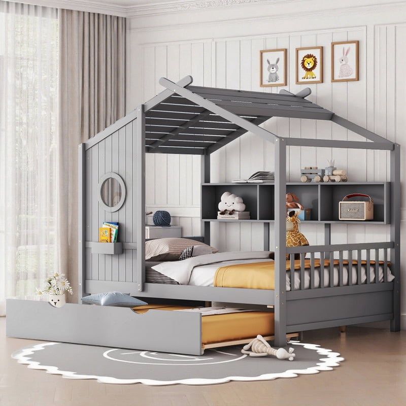 Bellemave Full Size House Bed with Trundle, Full Bed Frame with Storage Bookshelves, Wood House Bed with Roof, Grey