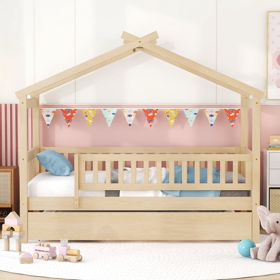Bellemave Twin House Bed with Trundle, Twin Bed with Guardrails, Wood Bed Frame with Roof for Teens, Natural