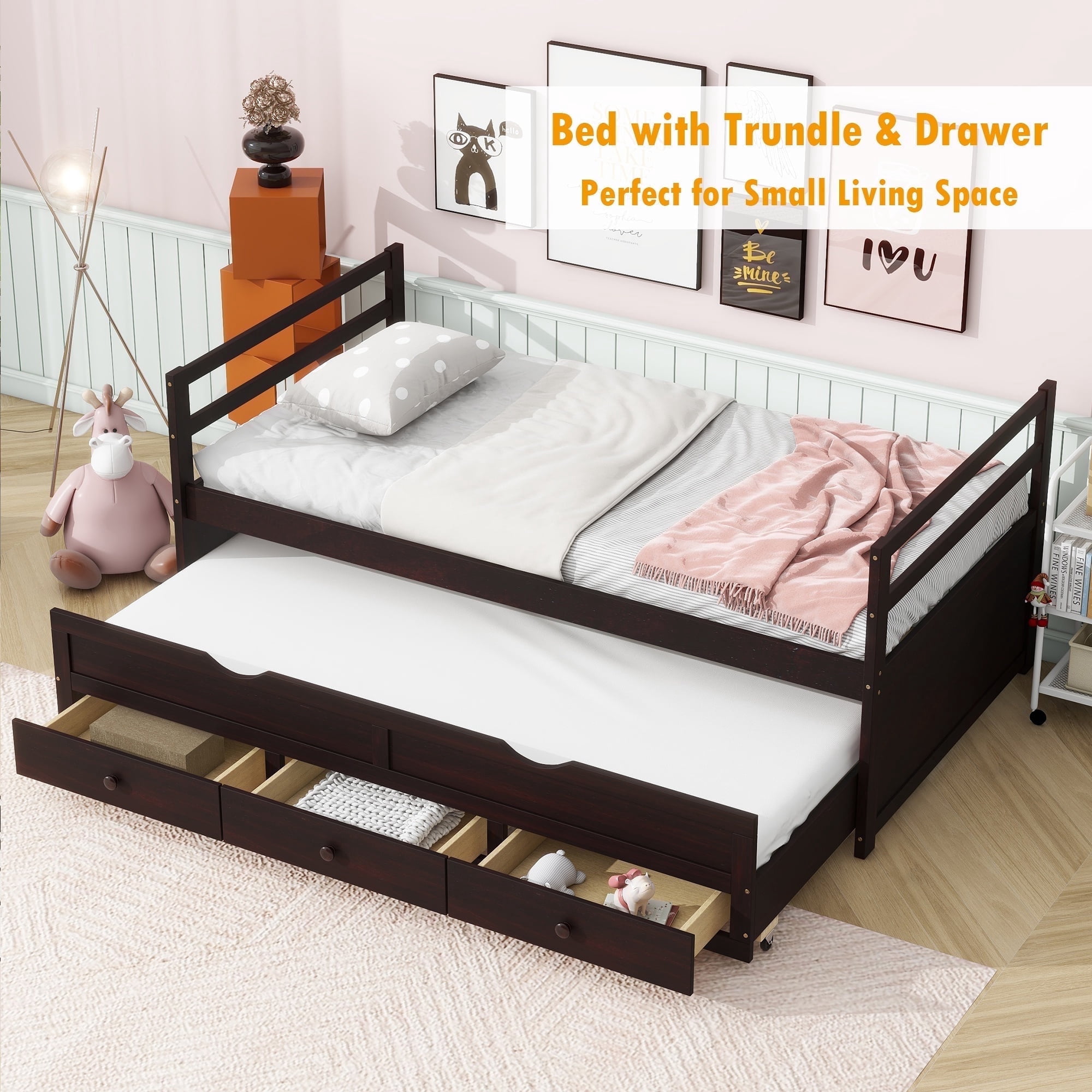 Bellemave House Twin Size Pine Wood and MDF Bed Frame with Trundle, Brown