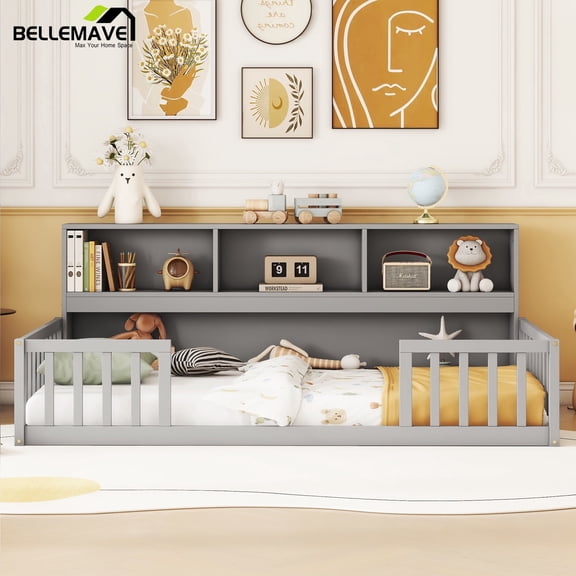 Bellemave Twin Size Floor Bed Frame with Fence and Bookcase Floor Bed Low Montessori Bed Frame with Storage Shelves (Twin, Gray)