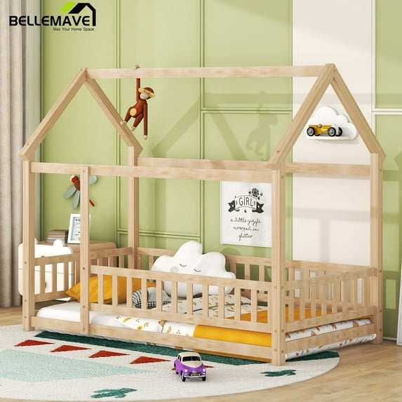 Bellemave Twin Size House Floor Bed with Fence Guardrails Playhouse Bed Frame Twin Wooden Floor Bed Montessori House Bed, Natural Brown