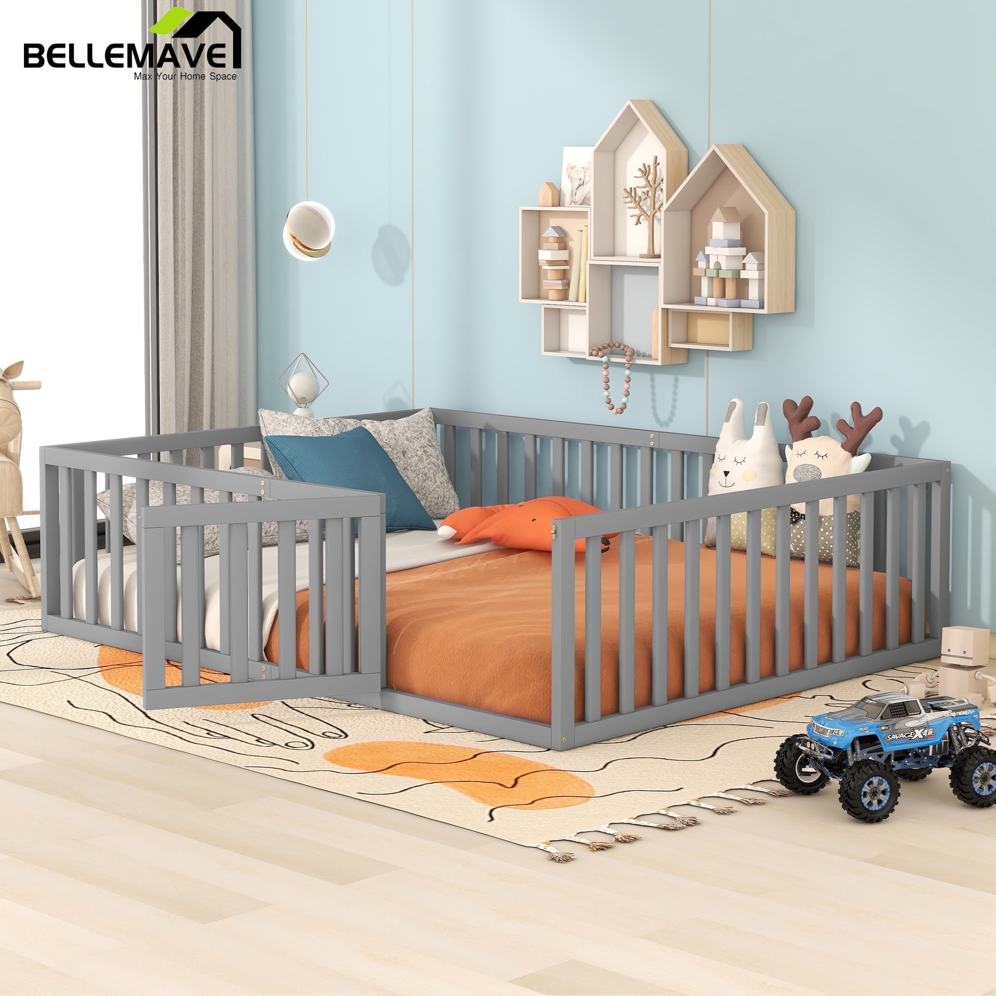 Bellemave Queen Size Floor Bed with Fence and Door, Wood Montessori Bed Frame, Floor Bed Frame, Slats Not Included (Queen,Gray)