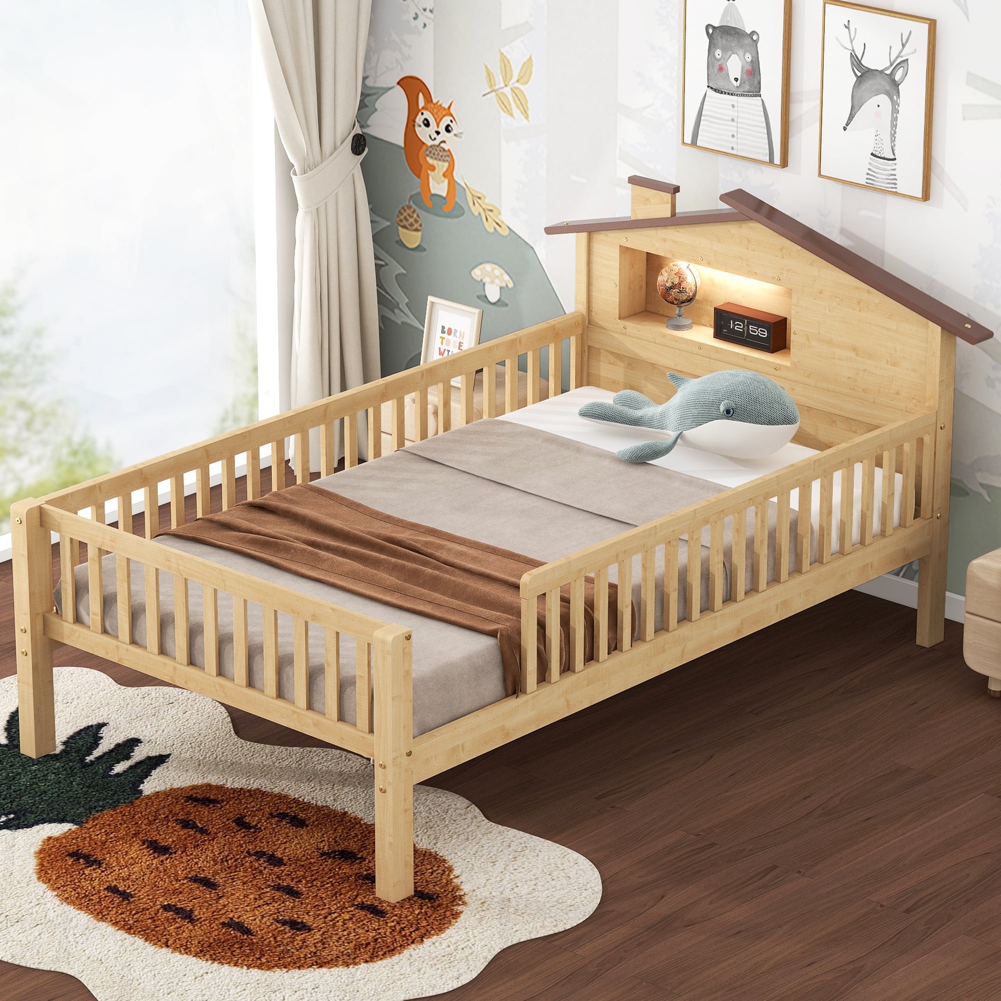 Bellemave Twin Bed with House-Shaped Headboard and Guardrail, Wood Platform Bed Frame Built-in Storage and LED Light, Twin Size Bed No Box Spring Needed (Natural)
