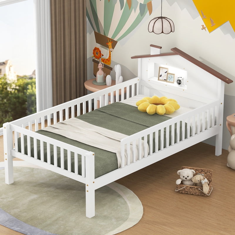 Bellemave Twin Bed with House-Shaped Headboard and Guardrail, Wood Platform Bed Frame Built-in Storage and LED Light, Twin Size Bed No Box Spring Needed (White)