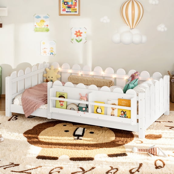 Bellemave Twin Size Floor Bed with Bookshelf and LED Lights, Wood Montessori Bed Frame with Cute Safety Guardrails & Wood Slats Support for Kids Boys Girls, No Box Spring Needed, White