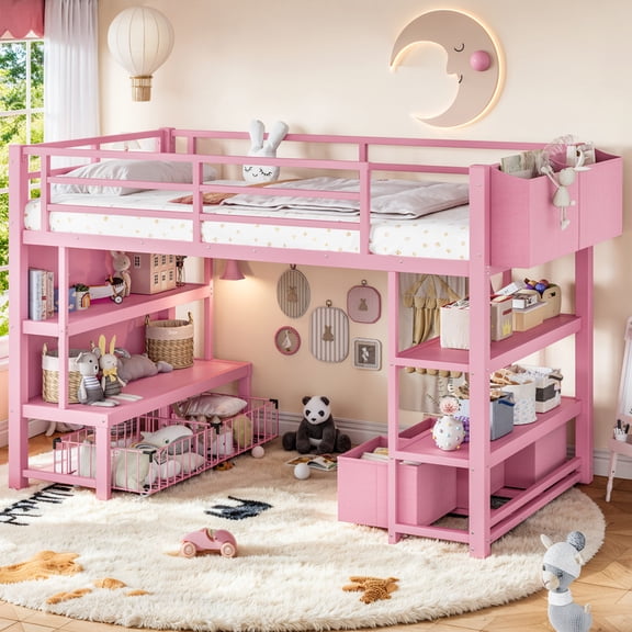 Bellemave Kids Twin Low Loft Bed with Headboard Bookshelf, Metal Loft Bed with 5 Storage Drawers & Open Storage Space for Bedroom, Space Saving（Pink)