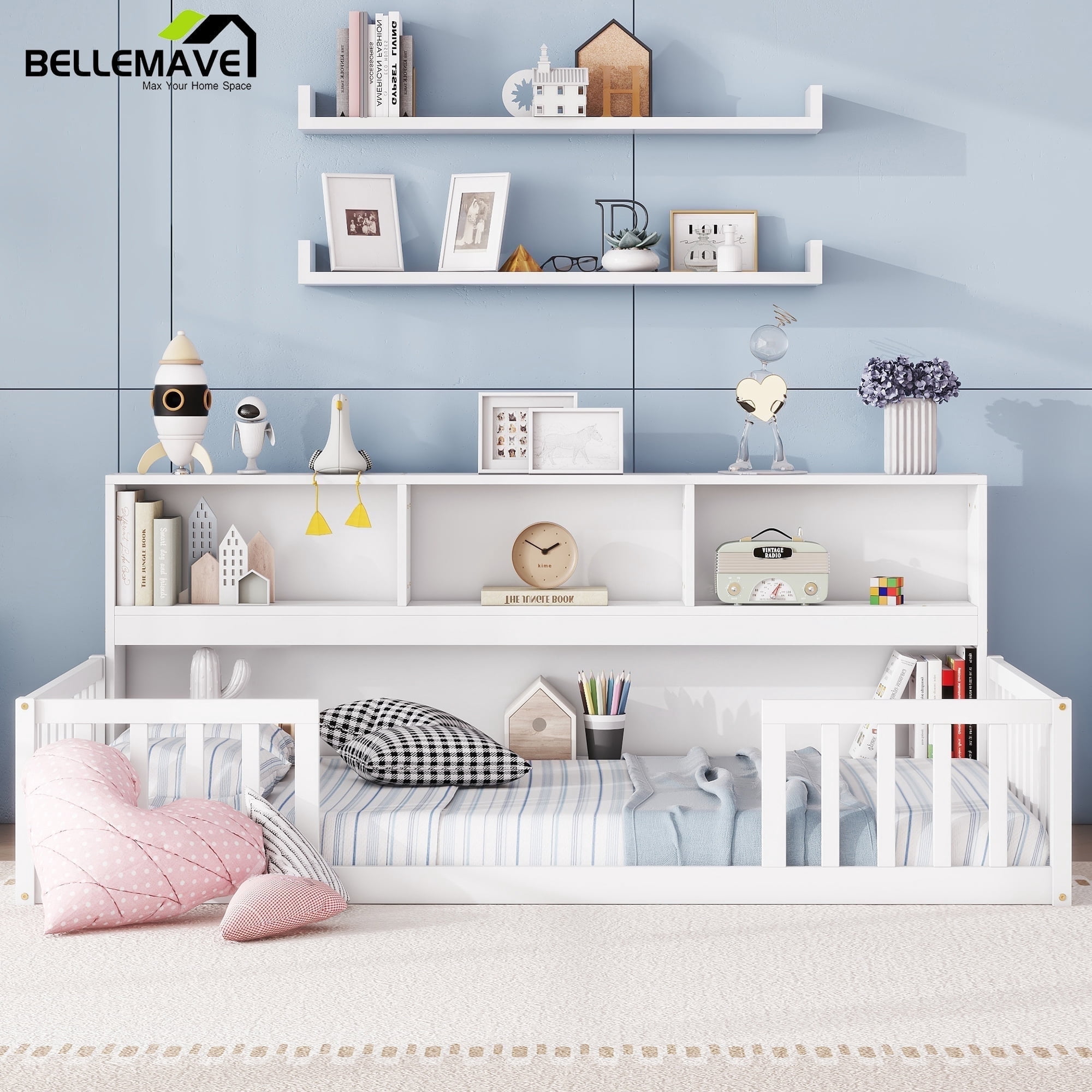 Bellemave Twin Size Floor Bed Frame with Fence and Bookcase Wood Floor Bed Low Montessori Bed Frame with Storage Shelves (Twin, White)
