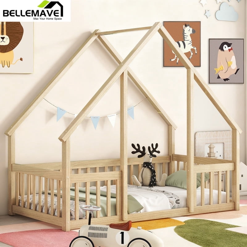 Bellemave Twin Size Floor Bed with House-shaped Roof and Fence Twin Wood House Floor Bed Frame with Guardrails Montessori House Bed, Natural