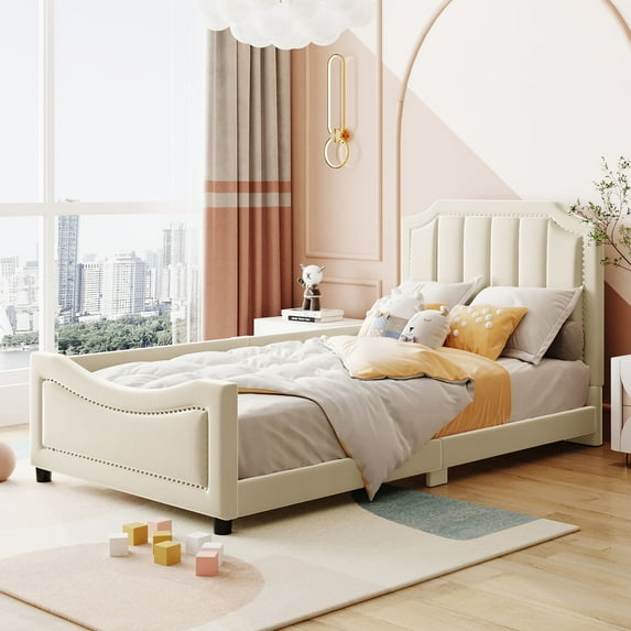 Bellemave Upholstered Twin Bed Frame, Twin Size Daybed Frame with Classic Stripe Shaped Headboard, Wood Twin Sofa Bed forBedroom (Beige)