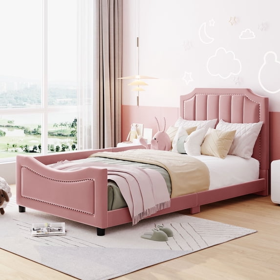 Bellemave Upholstered Twin Bed Frame, Twin Size Daybed Frame with Classic Stripe Shaped Headboard, Wood Twin Sofa Bed for Bedroom (Pink)