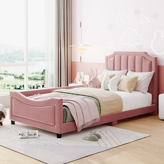 Bellemave Upholstered Twin Bed Frame, Twin Size Daybed Frame with Classic Stripe Shaped Headboard, Wood Twin Sofa Bed for Bedroom (Pink)