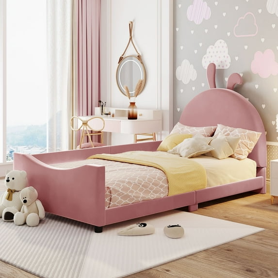 Bellemave Upholstered Twin Bed Frame, Twin Size Daybed Frame with Rabbit Ear Shaped Headboard, Wood Twin Sofa Bed for Bedroom (Pink)