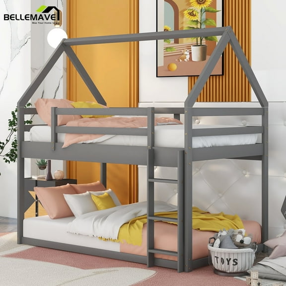Bellemave Wooden House Bunk Bed, Twin Over Twin Low Bunk Bed with Ladder,  Floor Bunk Bed for Teen Bedroom (Gray)