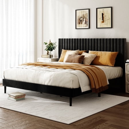 Bellemave King Size Bed Frame, Velvet Upholstered Platform Bed with Height-Adjustable Headboard, No Box Spring Required, Black