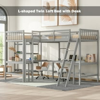 Bellemave L-Shaped Loft Bed with L-shaped Desk Twin Size Loft Bed with Desk for 2 Wood Corner Twin Beds with Ladder and Guardrails for Teens, No Box Spring Needed (Gray)