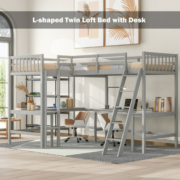 Bellemave L-Shaped Loft Bed with L-shaped Desk Twin Size Loft Bed with Desk for 2 Wood Corner Twin Beds with Ladder and Guardrails for Teens, No Box Spring Needed (Gray)