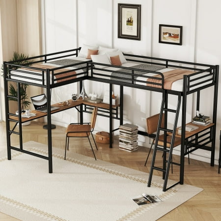 Bellemave L Shaped Loft Bed Twin 2 Beds with Desk, Metal Twin Size Loft Bed Frame with Two Built-In Ladders and Safety Rails for Bedroom, Dorm (Black)