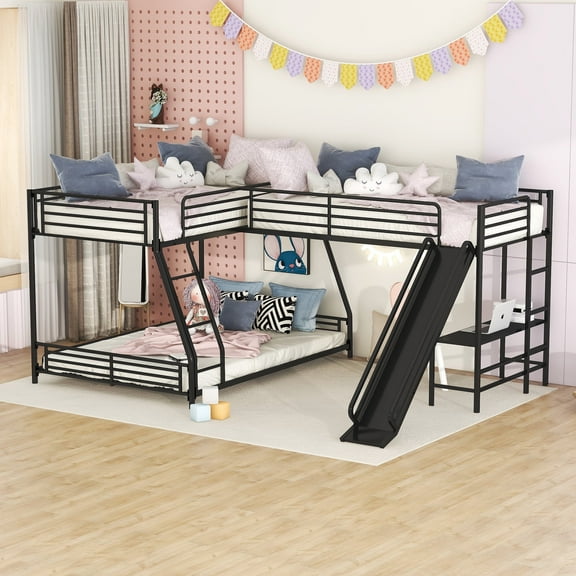Bellemave L-Shaped Metal Corner Bunk Bed with Slide and Two Ladders,Twin over Full Bunk Bed with Twin Loft Bed and Built-in Desk,Black