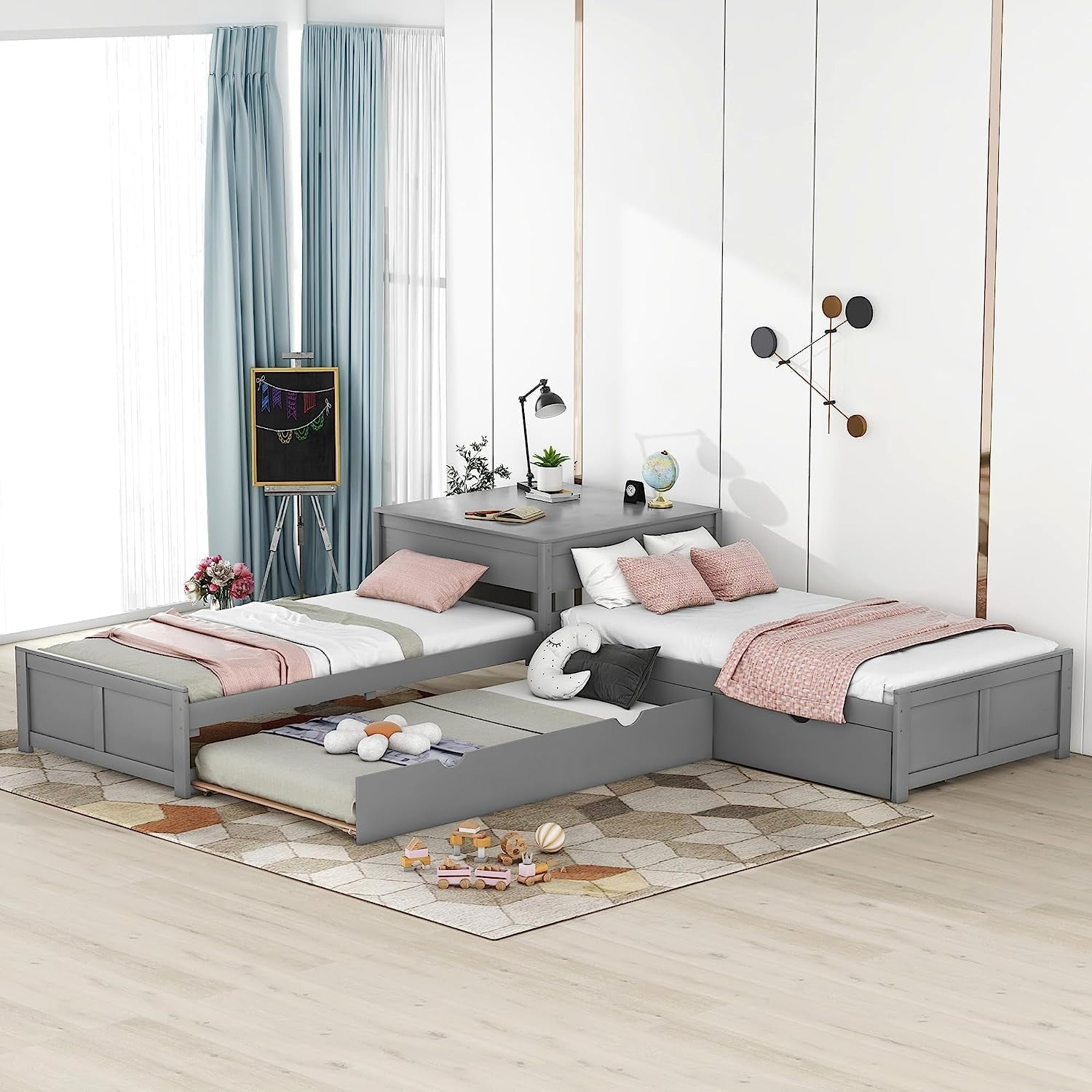 Bellemave L Shaped Platform Bed with Trundle and Drawers, Wood Twin ...