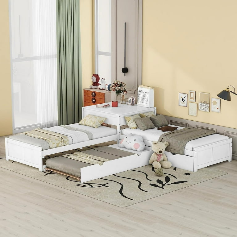 Bellemave L Shaped Platform Bed with Trundle and Drawers Wood Twin Szie Corner Bed Built in Desk Twin Bed Frame for 3 Kids Teens Adults White