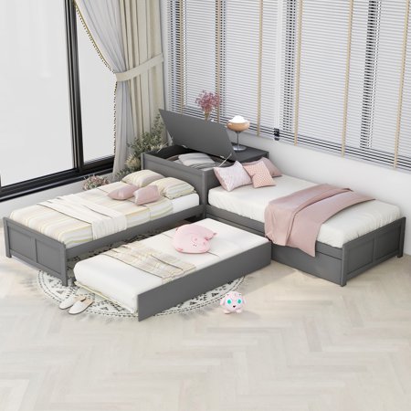 Bellemave L Shaped Platform Bed with Trundle and Drawers,Wooden Twin Corner Bed Frame Linked with Built-in Desk for 3 People(Gray)