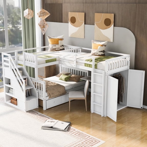 Bellemave L Shaped Triple Bunk Bed with Stairs, Wood Twin Over Full Bunk Bed with Desk and Wardrobe, Bunk Beds Frame with 3 Storage Drawers for 3 Teens(White)