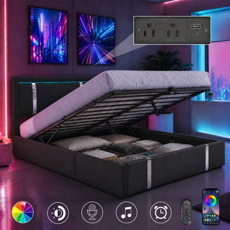 Bellemave LED Full Size Bed Frame with Lift Up Storage, Upholstered Bed with USB Charging Station, Platform Bed Frame with Hydraulic Storage System for Kids Teens Adults (Black)