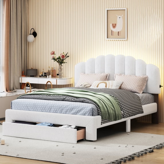 Bellemave LED Queen Size Bed Frame with Storage Drawers, Teddy Fleece Upholstered Platform Bed with USB Ports, Princess Bed with Light & Headboard, No Box Spring Needed (White)
