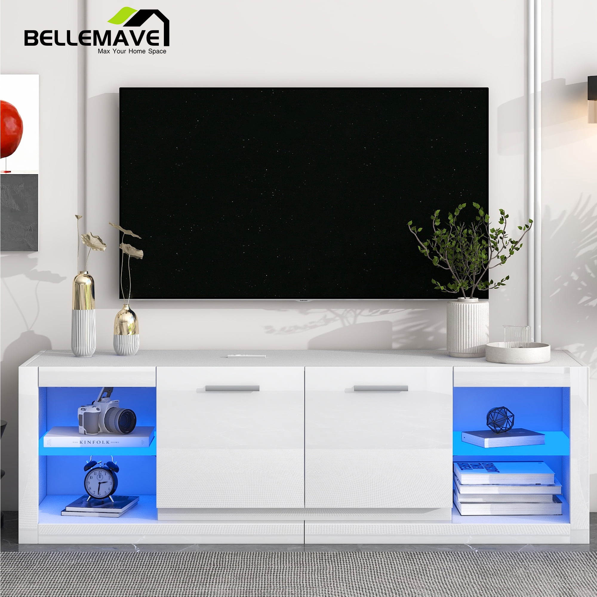Bellemave LED TV Stand with Storage Up to 70" TV, High Gloss Media TV