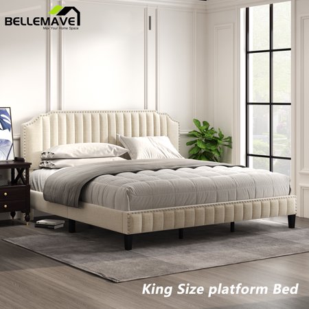 Bellemave Linen Upholstered Platform Bed Frame King Size, King Bed Frame with Headboard and Nailhead Trim, Modern Platform Bed Frame with Solid Rubber Legs, No Box Spring Needed(Cream)