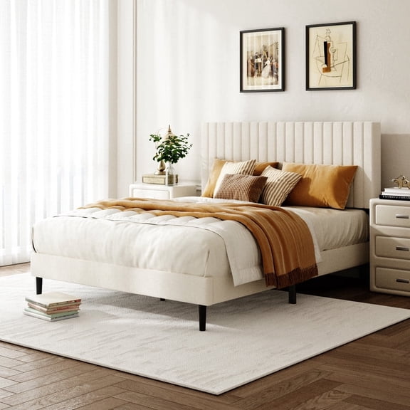 Bellemave Full Size Bed Frame, Velvet Upholstered Platform Bed with Height-Adjustable Headboard, No Box Spring Required, Beige