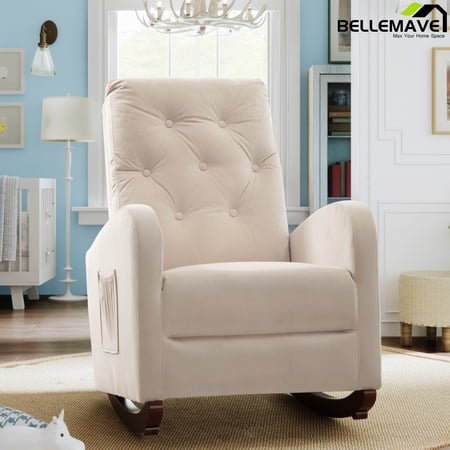 Bellemave Living Room High Back Rocking Chair Nursery Chair, Comfortable Rocker Fabric Padded Seat, Modern High Back Armchair, Upholstered Rocking Chair, (Beige,Velvet)