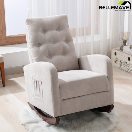 Bellemave Living Room High Back Rocking Chair Nursery Chair,Comfortable Rocker Fabric Padded Seat,Modern High Back Armchair, Upholstered Rocking Chair,(Tan,Cotton)