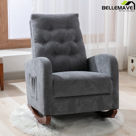 Bellemave Living Room High Back Rocking Chair Nursery Chair,Comfortable Rocker Fabric Padded Seat,Modern High Back Armchair, Upholstered Rocking Chair,(Dark Gray,Cotton)