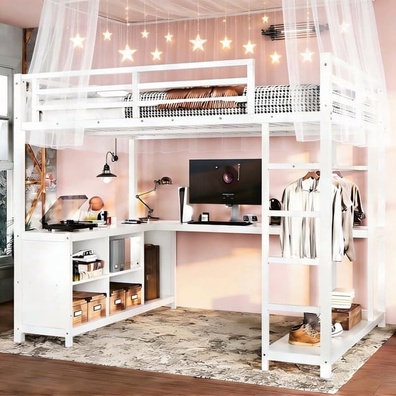 Bellemave Loft Bed with Desk and Storage, Full Size Loft Bed with Wardrobe and Hanging Rod, Metal Loft Beds Full with Shelves, Noise-Free, Space-Saving, No Box Spring Needed (Full, White)
