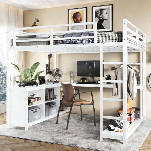 Bellemave Loft Bed with Desk and Storage, Queen Size Loft Bed with Wardrobe and Hanging Rod, Metal Loft Beds Queen with Shelves, Noise-Free, Space-Saving, No Box Spring Needed(Queen,White)