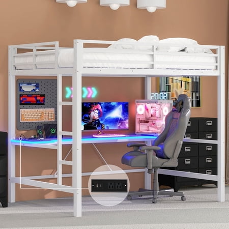 Bellemave Loft Bed Full Size with Desk, Metal Full Loft Bed Frame with Power Outlet and LED Lights, Heavy Duty Gaming Loft Beds with Ladder for Bedrom, No Box Spring Needed(Full,White))