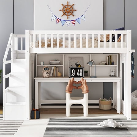 Bellemave Loft Bed with Desk and Stairs, Twin Size Loft Beds with Storage Shelf, Solid Wood High Loft Bed with Movable Desk for Space-Saving (White)