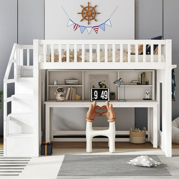 Bellemave Loft Bed with Desk and Stairs, Twin Size Loft Beds with Storage Shelf, Solid Wood High Loft Bed with Movable Desk for Space-Saving (White)