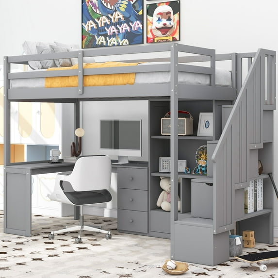 Bellemave Loft Bed with Desk and Stairs, Wood Twin Size Loft Beds Frame with 4 Sotage Drawers and 4 Shelves, High Loft Beds for BedRoom (Gray)