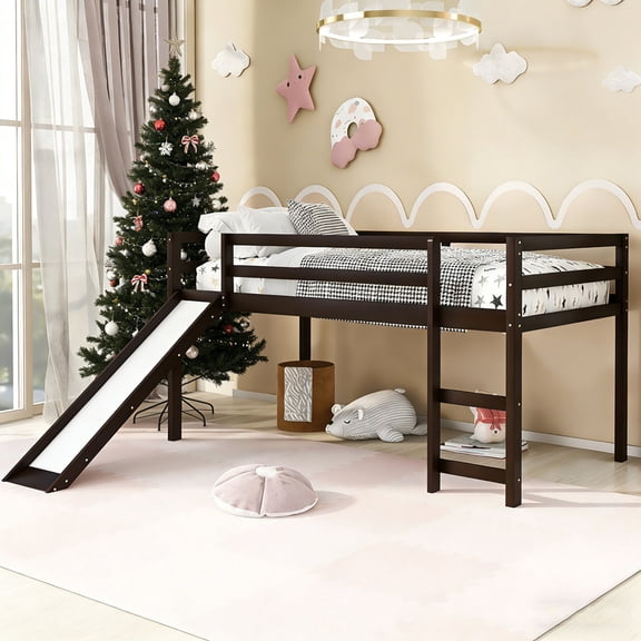 Bellemave Twin Loft Bed with Slide, Wood Low Loft Bed with Climbing Ladder & Storage Space, Twin Size Beds for Teen, No Box Spring Needed (Espresso)